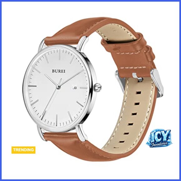 Brown Leather Stainless Steel Minimalist Quartz Watch Waterproof - Picture 2 of 7